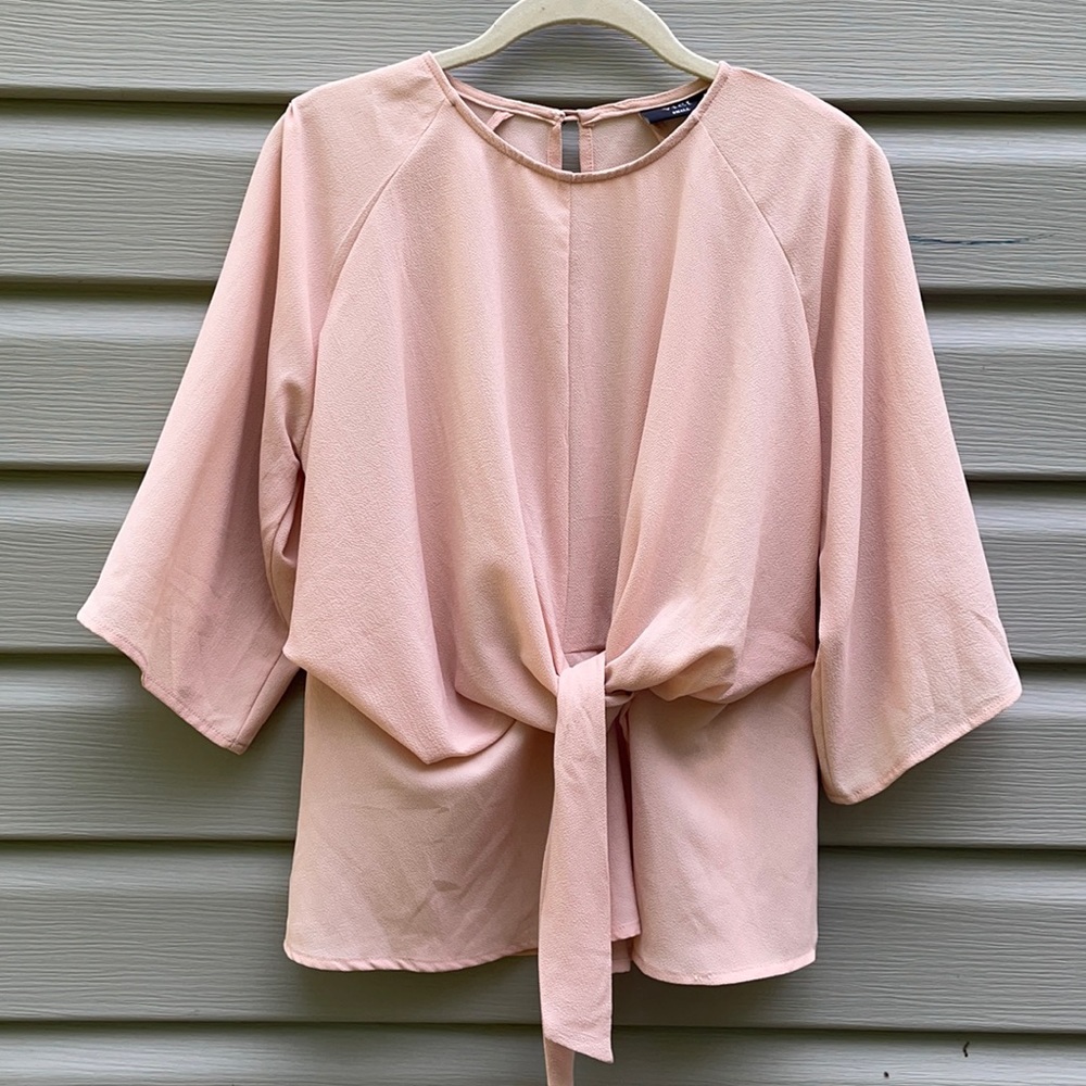 VICI Blush Tie-Front Bell Sleeve Blouse